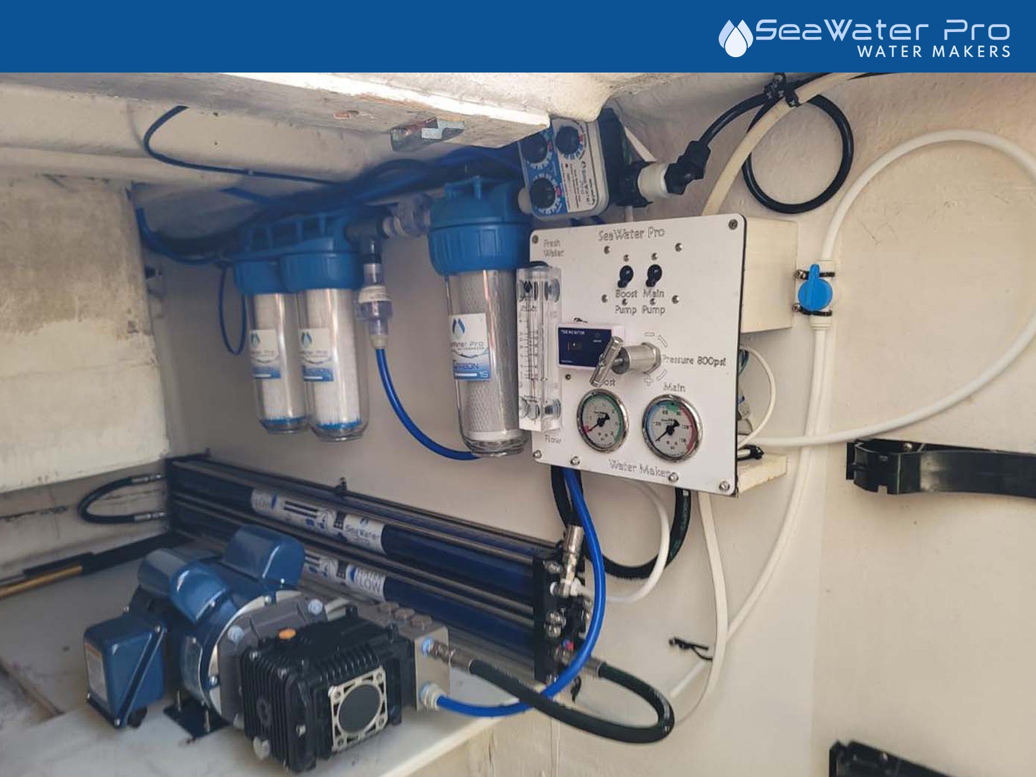 SeaWater Pro water maker system with various components and hoses.